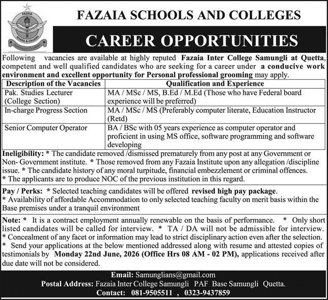 Fazaia Schools Jobs 2026 Apply Now