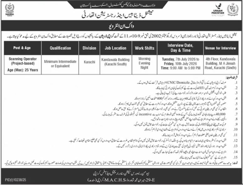 NADRA Jobs 2026 Urgent Scanning Operator Posts