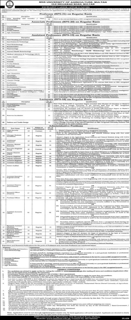 MNS University Of Agriculture Latest Jobs 2026