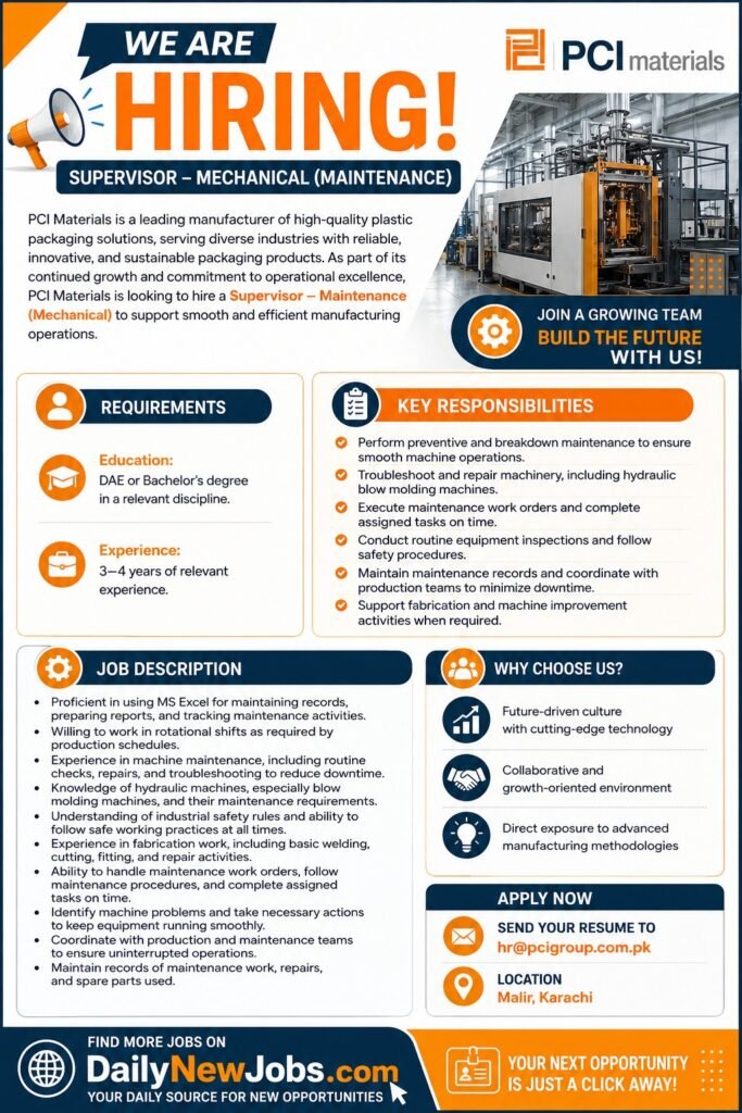 Mechanical Maintenance Supervisor Jobs 2026 Apply Now