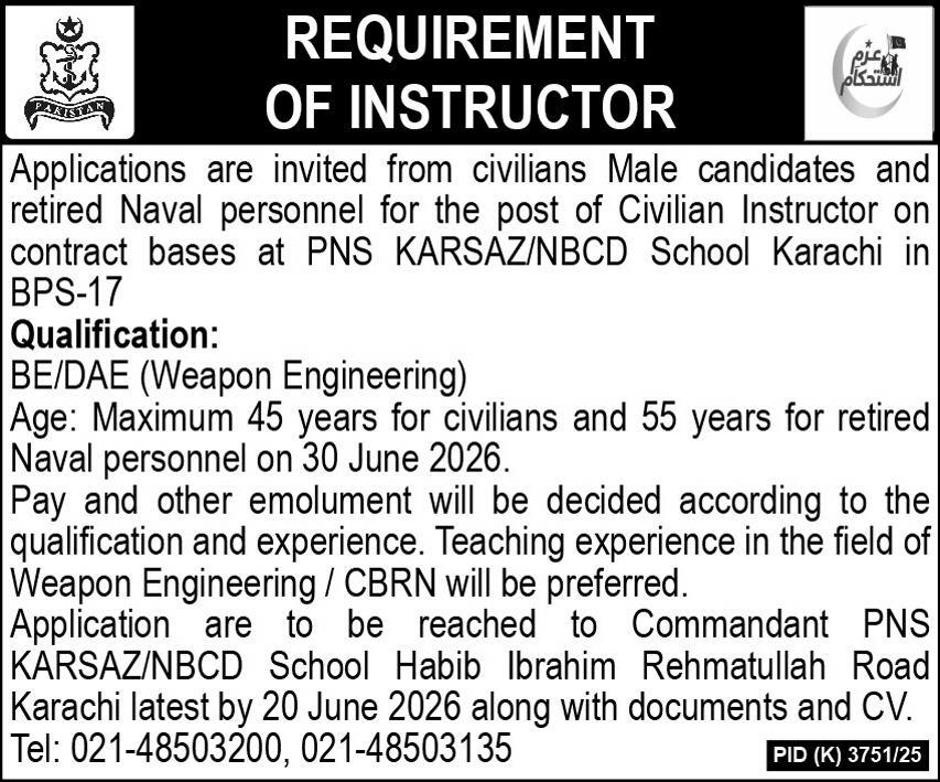Civilian Instructor Jobs Pakistan Navy Latest 2026
