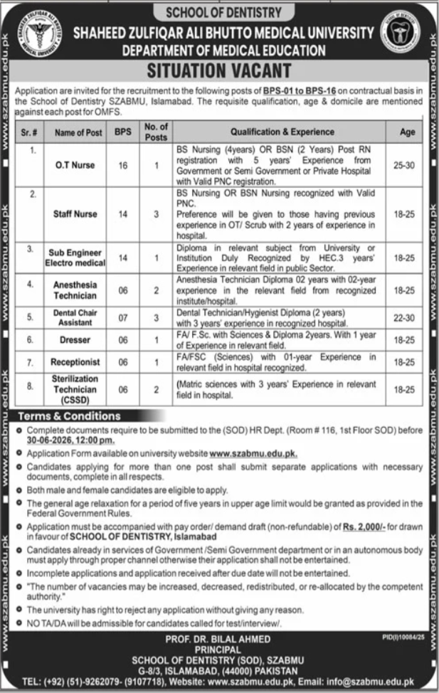 Shaheed Benazir Bhutto Medical University SBBMU jobs 2026