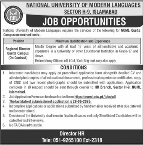 NUML Jobs Regional Director Opening 2026