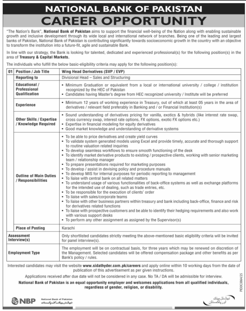 Vacant Post At National Bank Of Pakistan NBP 2026