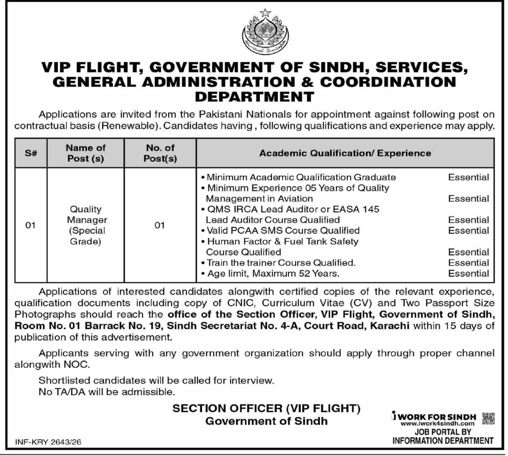 VIP Flight Sindh Jobs 2026 Exclusive Best Quality Manager