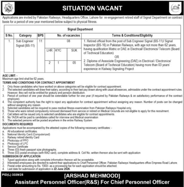 Pakistan Railways Jobs 2026 For Sub Engineer Signal