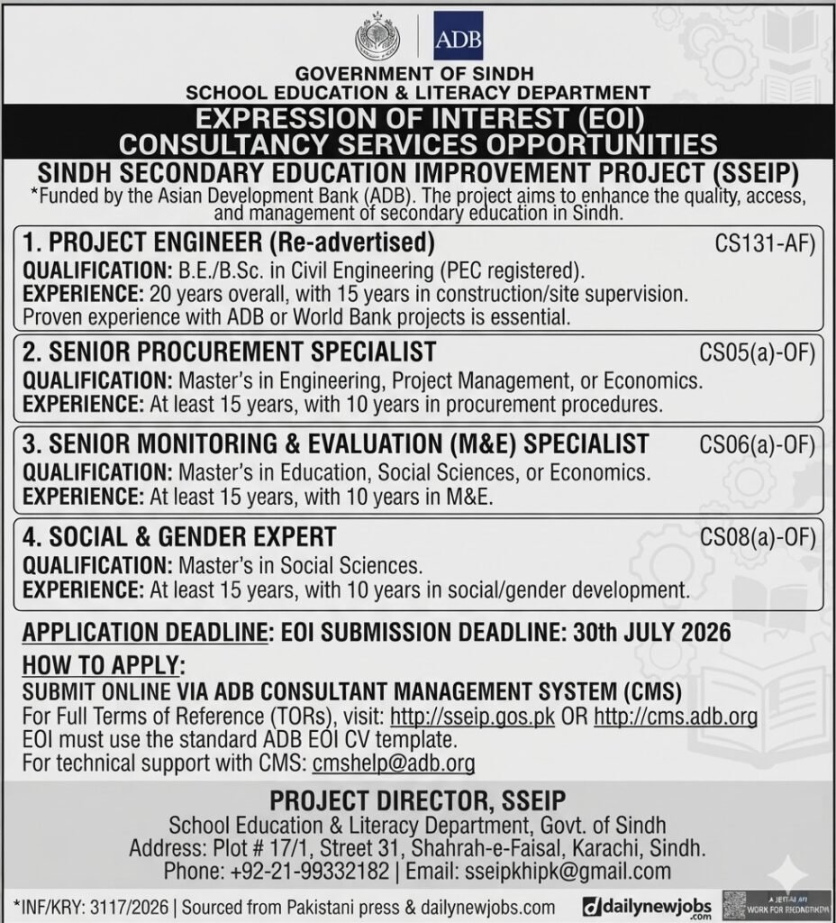 Consulting Jobs  ADB Sindh Education Project Opportunities
