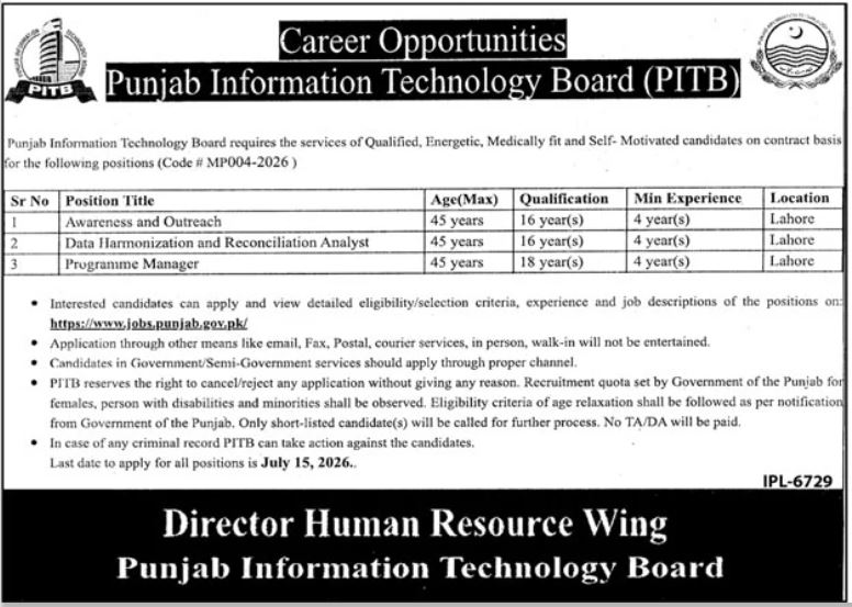 PITB Jobs Management Posts Available Now
