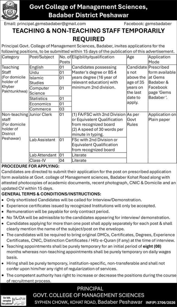 Government College of Management Sciences Jobs 2026 Best Roles