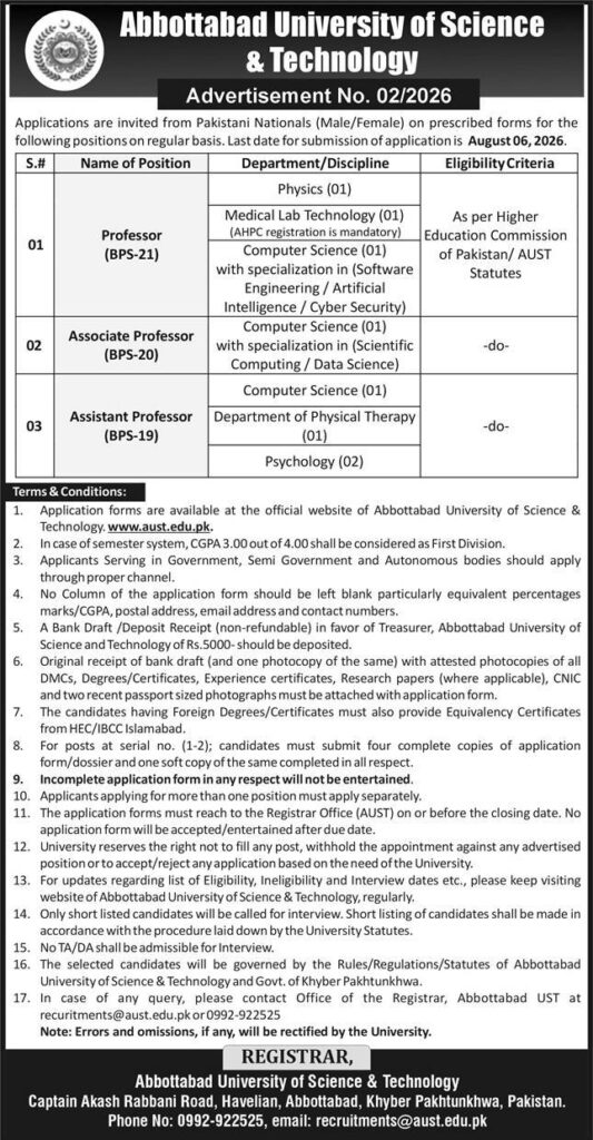 Abbottabad University Teaching Jobs 2026 Best Career Offers