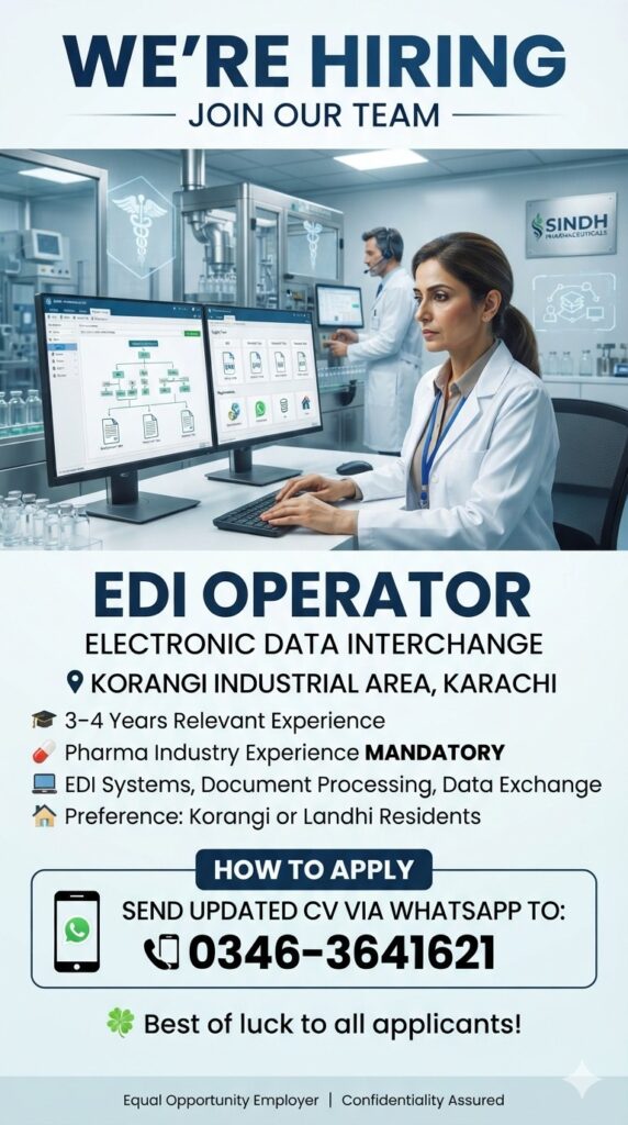 EDI Operator Hiring Skilled Pharma Job in Sindh