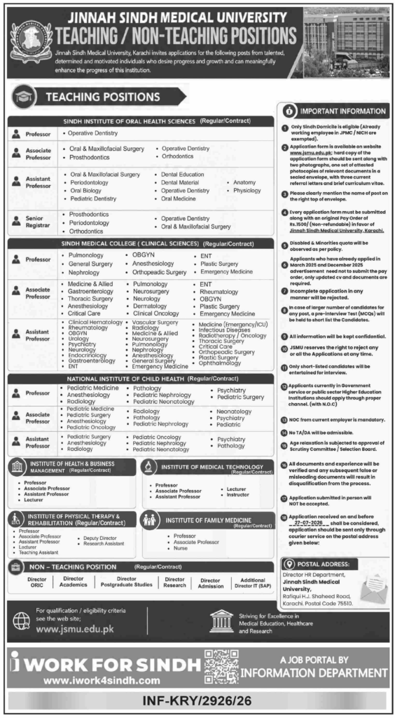 JSMU Karachi Jobs 2026 Latest Education Postings