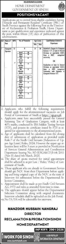 Home Department Karachi Jobs 2026 Apply Now