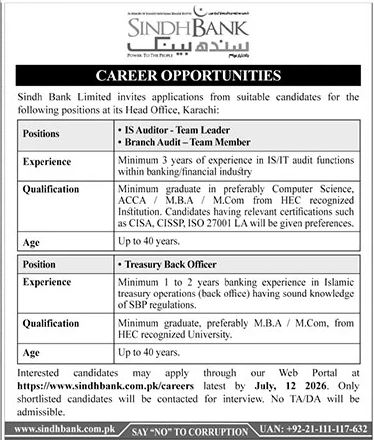 Sindh Bank Limited Jobs 2026 Best Exclusive Karachi Posts