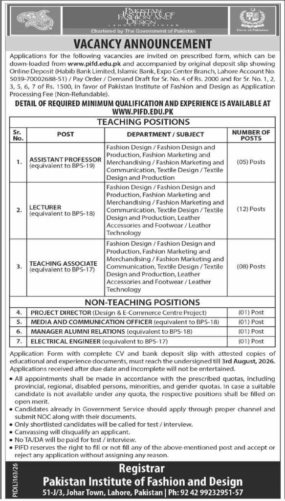 Pakistan Institute Of Fashion & Design Lahore Jobs 2026