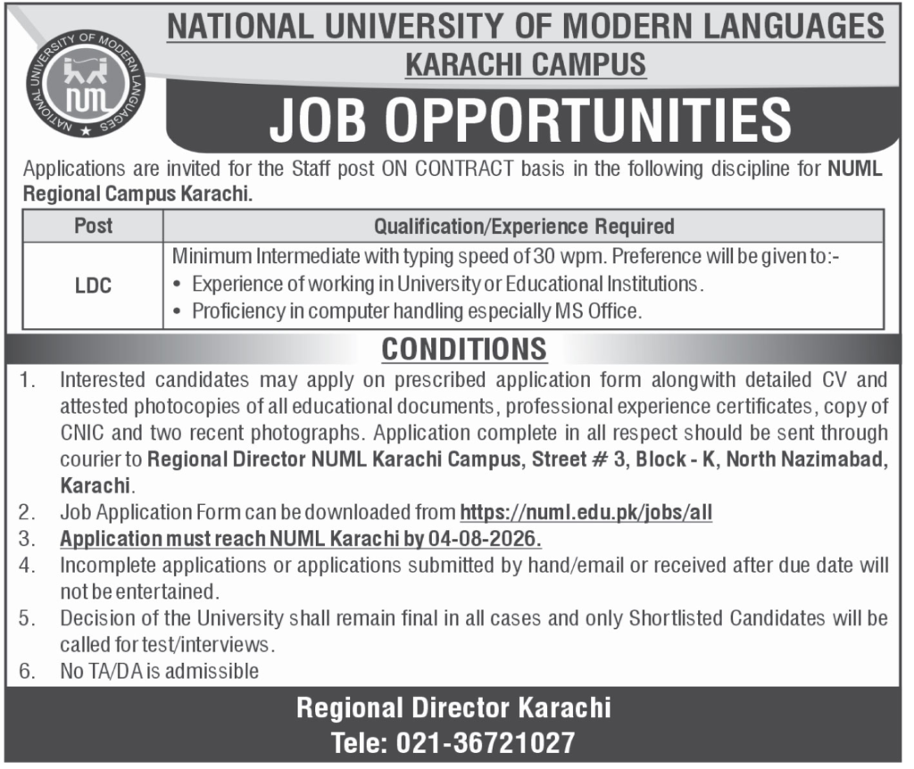 NUML Karachi Latest Jobs 2026 Education Vacancies