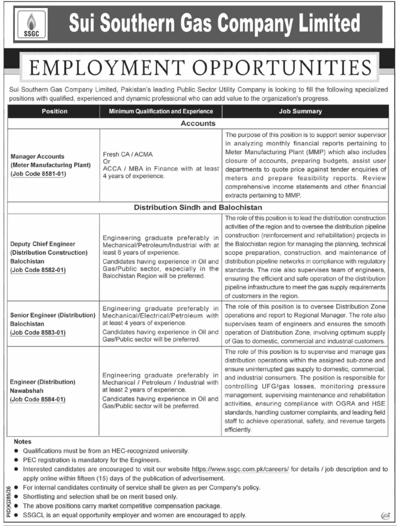 SSGC Karachi Jobs 2026 Latest Management & Engineer Posts