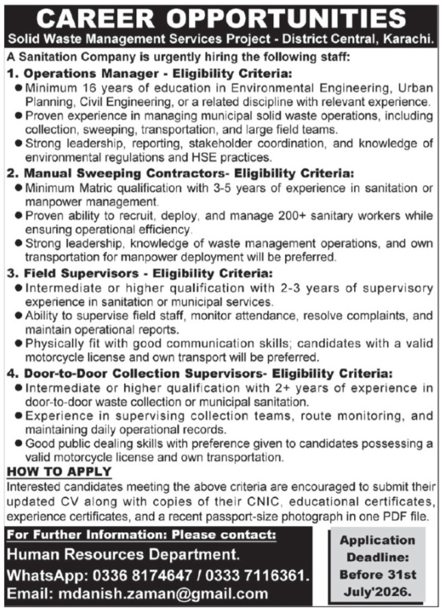 Solid Waste Management Services Karachi Careers 2026 