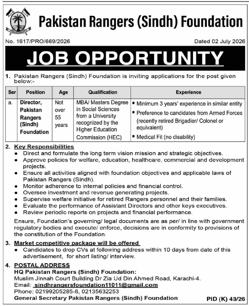 Pakistan Rangers Sindh Foundation Karachi Job Notice 2026