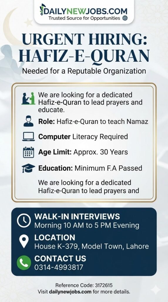 Quran Teacher and Hafiz E Quran Recruitment 2026 