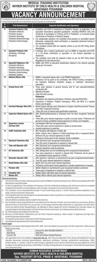 Khyber Institute of Child Health Jobs 2026 Apply Online
