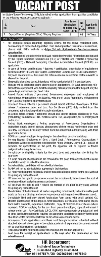 Institute of Space Technology Jobs 2026 Apply Online