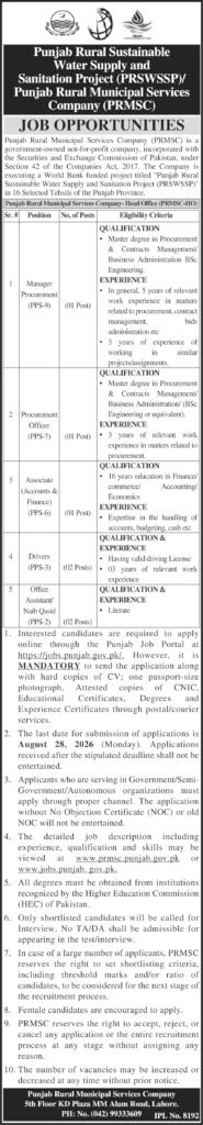 PRMSC job advertisement showing eligibility criteria for Manager Procurement, Procurement Officer, Associate, Drivers and Office Assistant positions