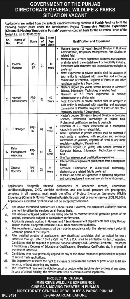 Punjab Wildlife Parks job advertisement showing Cinema Manager, Network Administrator, IT Manager and Cinema Operator eligibility criteria