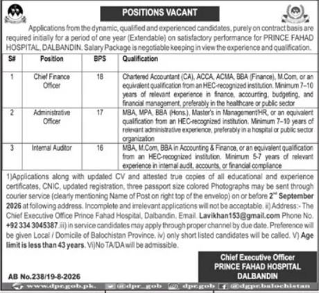 Prince Fahad Hospital Dalbandin Finance Admin Jobs 2026 Advertisement