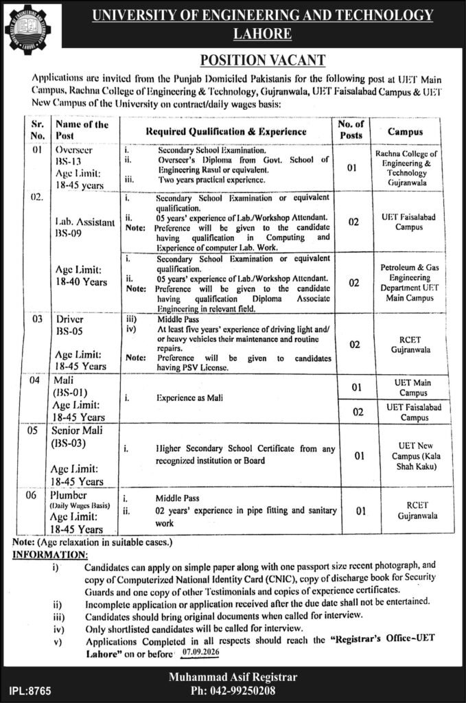 UET Lahore advertisement showing eligibility table for Overseer, Lab Assistant, Driver, Mali, Senior Mali and Plumber posts across four campuses