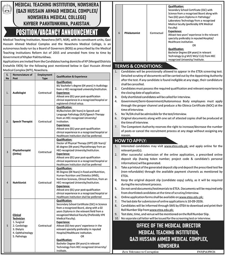 MTI Nowshera advertisement showing eligibility table for Audiologist, Speech Therapist, Physiotherapist, Nutritionist, Clinical Technician and Phlebotomist posts