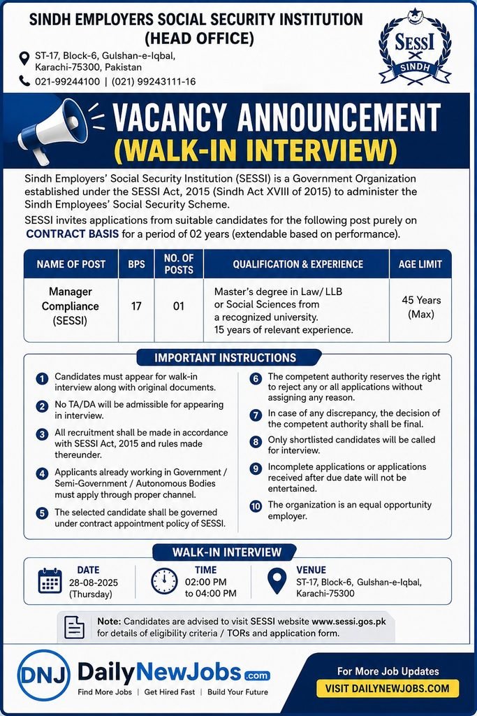 SESSI House Job Trainee Walk-In Karachi 2026