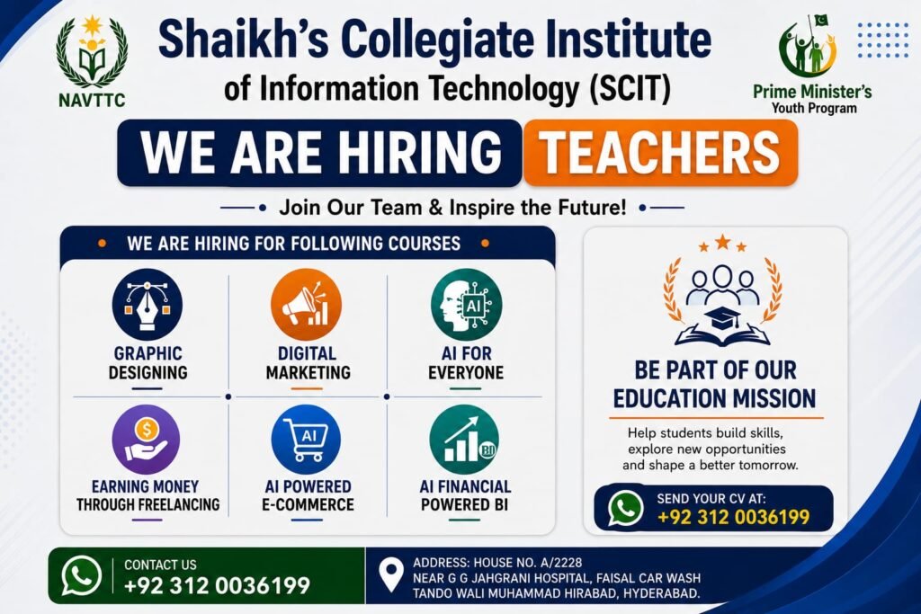 SCIT Hyderabad hiring poster showing six courses including Graphic Designing, Digital Marketing and AI for Everyone