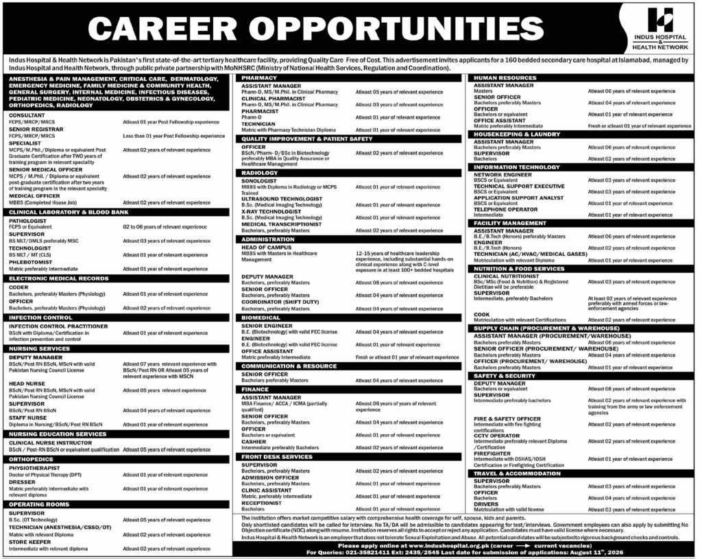 Indus Hospital & Health Network Careers 2026 