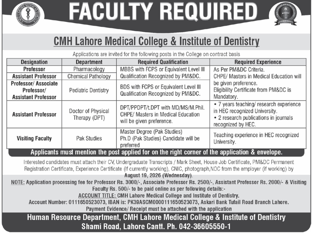 CMH Lahore Medical College Jobs 2026 Apply Online