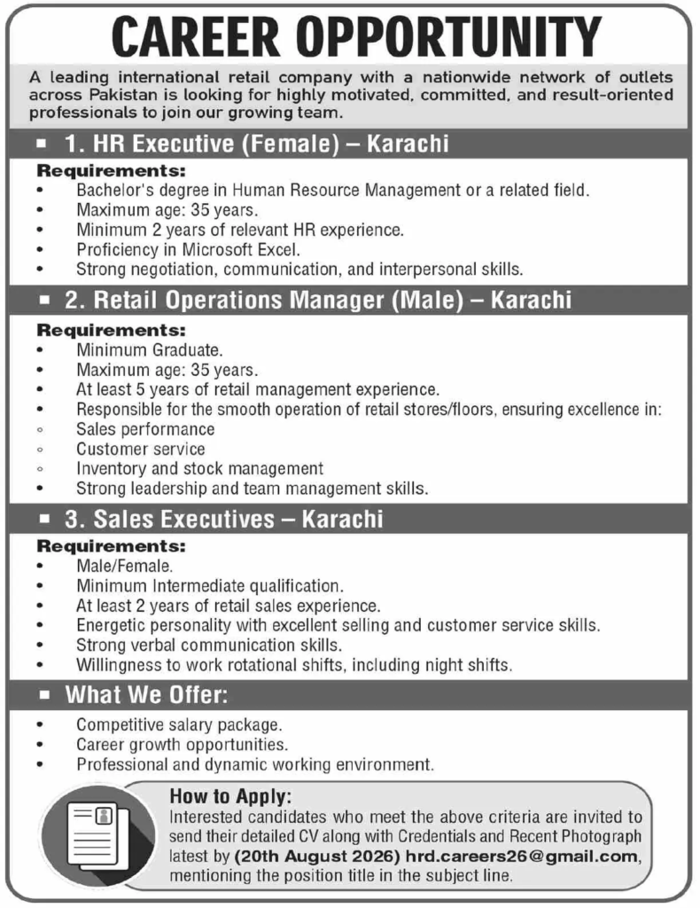 Retail Jobs 2026 HR Executive, Manager, Sales