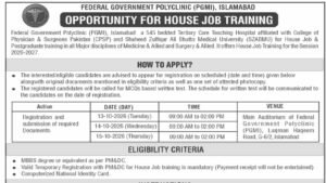 Federal Government Polyclinic House Job Training 2026 in Islamabad