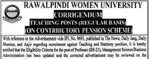 Rawalpindi Women University Professor recruitment opportunity 2026