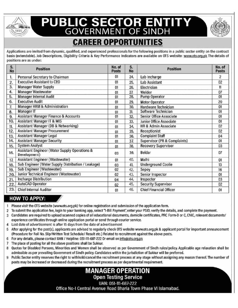 Public Sector Entity career opportunities advertisement showing 46 positions across water supply, IT, security and admin roles