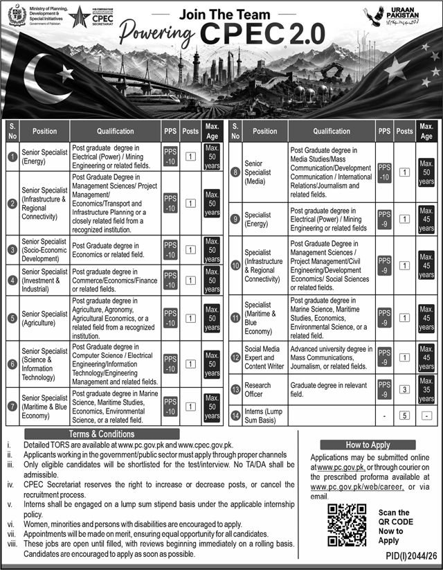 CPEC 2.0 job advertisement showing Senior Specialist, Specialist and Intern positions with qualifications