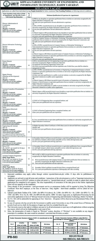KFUEIT advertisement showing eligibility details for Director, Deputy Director, Sub-Engineer, Accountant, Lab Assistant, Driver, Computer Programmer and Cameraman posts