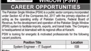 Pakistan Single Window IT support job opportunity in Islamabad 2026