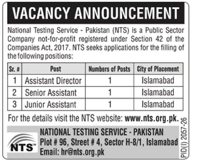 NTS vacancy announcement showing Assistant Director, Senior Assistant and Junior Assistant posts in Islamabad