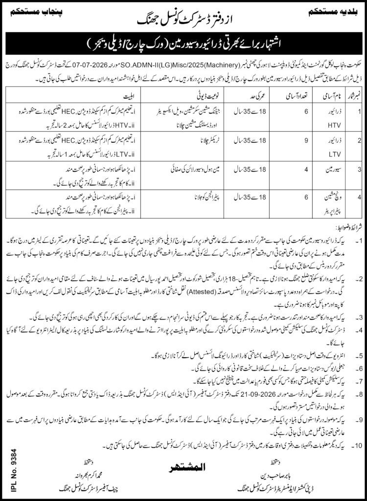District Council Jhang advertisement showing eligibility table for Driver HTV, Driver LTV, Sewerman and Winch Machine Petrol Engine Operator posts