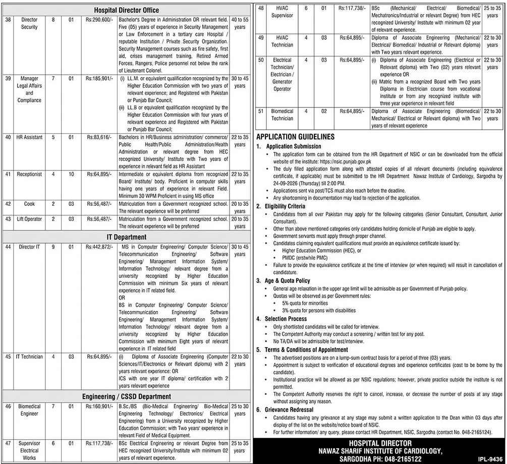 NSIC Sargodha advertisement showing eligibility details for Director Security, Manager Legal Affairs, HR Assistant, IT Department and Engineering/CSSD posts along with application guidelines