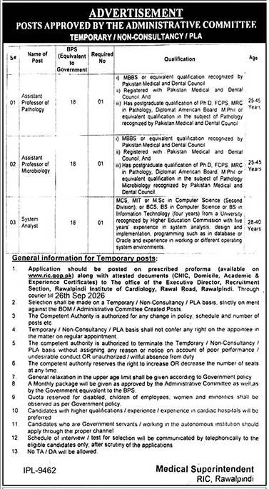 RIC advertisement showing Assistant Professor Pathology, Microbiology and System Analyst positions with qualifications
