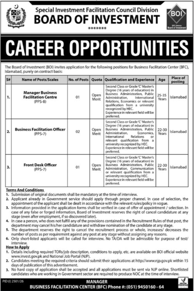 Board of Investment advertisement showing eligibility table for Manager Business Facilitation Centre, Business Facilitation Officer and Front Desk Officer posts