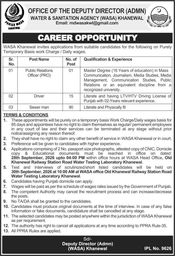 WASA Khanewal career opportunity advertisement showing PRO, Driver and Sewer Man positions