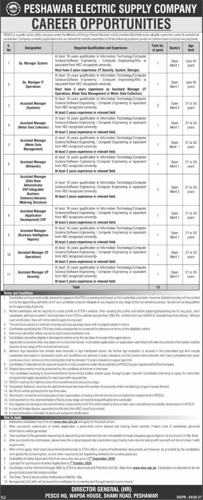 PESCO advertisement showing eligibility table for Deputy Manager System, Deputy Manager IT Operations, and nine Assistant Manager IT posts including Systems, Networks, ERP and IT Security