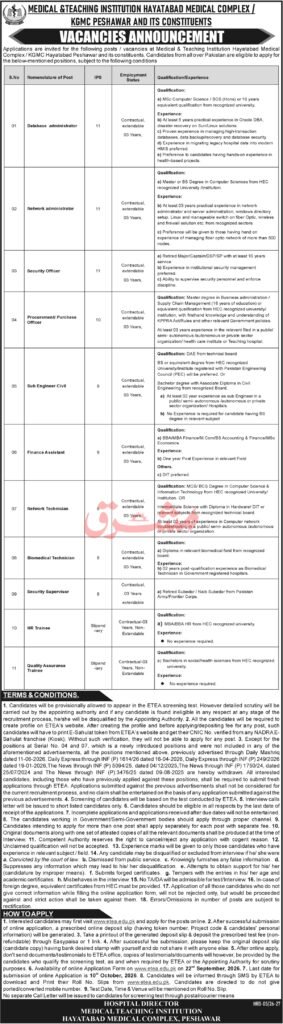Hayatabad Medical Complex advertisement showing eligibility criteria for Database Administrator, Network Administrator, Security Officer, Procurement Officer and technical support posts

